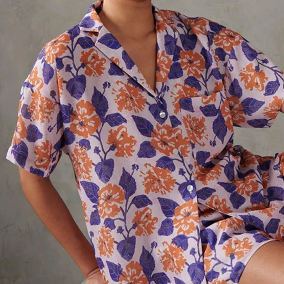 NWT WHO WHAT WEAR Women's Resort Shirt - Pressed Floral - Lilac/Marigold- Size M - Picture 2 of 10